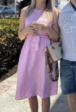 Saks Fifth Avenue  Linen Dress Midi Pink White Stripe Cottagecore S Short Sleev