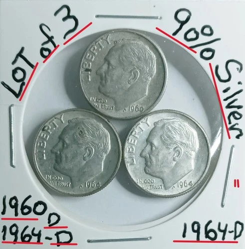 Roosevelt Dimes 90% Silver Lot of 3 1960-D1964-D1964-D VG ConditionLook @& Judge