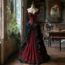 Victorian Prom Dress Black And Burgundy Gothic Lace Appliques Corset Ball Gowns