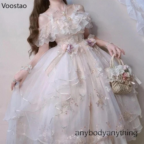 Retro Lolita Kleid süß Spitze Blumen Stickerei Prinzessin Damen Kleider Party - Bild 12 von 25