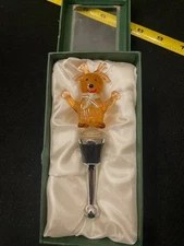 VNT LS Arts Christmas Reindeer wine bottle stopper Glass Metal rubber 5" boxed