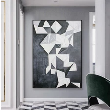 Hand Painted Oil Painting Geometric Abstract Painting Black and White Gray