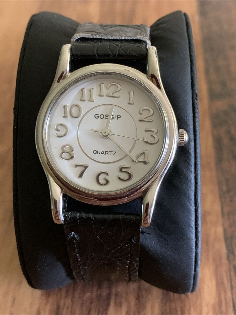 Gossip Womans White Dial Round Silver Tone Case Black 