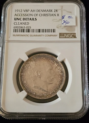 Denmark 1912 VBP AH Silver 2 Kroner Accession of Christian X NGC UNC DETAILS