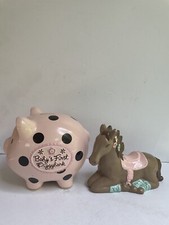 Baby Girl First Piggy Bank Pig Horse With Stoppers. Lot Of 2 Pink Black