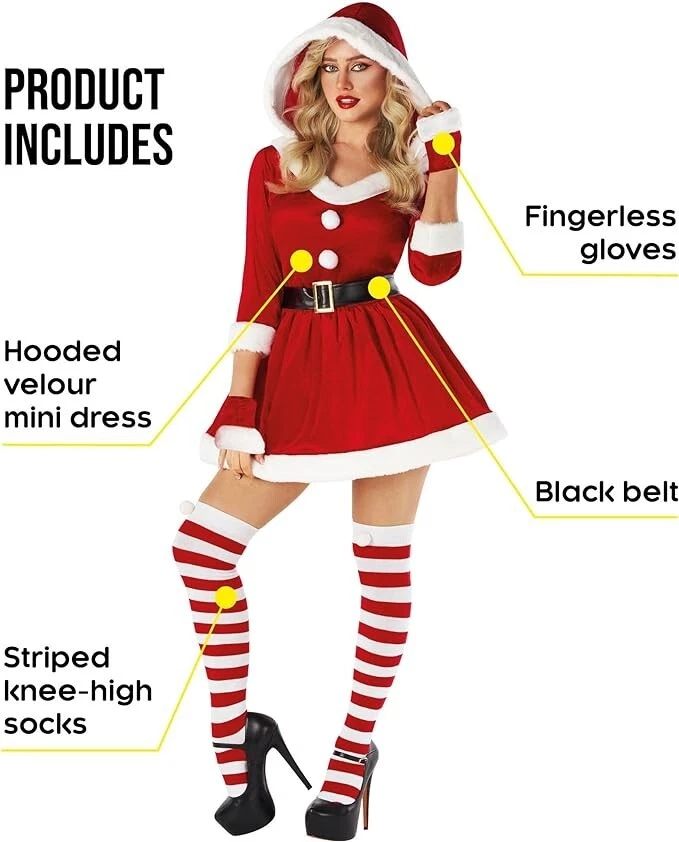Fantasia feminina Miss Claus meias luvas adulto vestido de Natal senhora Papai Noel P - 3XL - Imagem 3 de 4