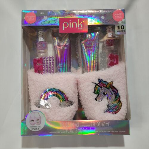 Set pantofole unghie rosa Viva arcobaleno taglia 8,5 set lozioni pedicure manicure 10 pz - Foto 1 di 5