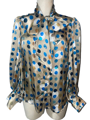 Hunter Bell Women's Silk Bow Neck Polka Dot Blouse size XS Button Down High Neck