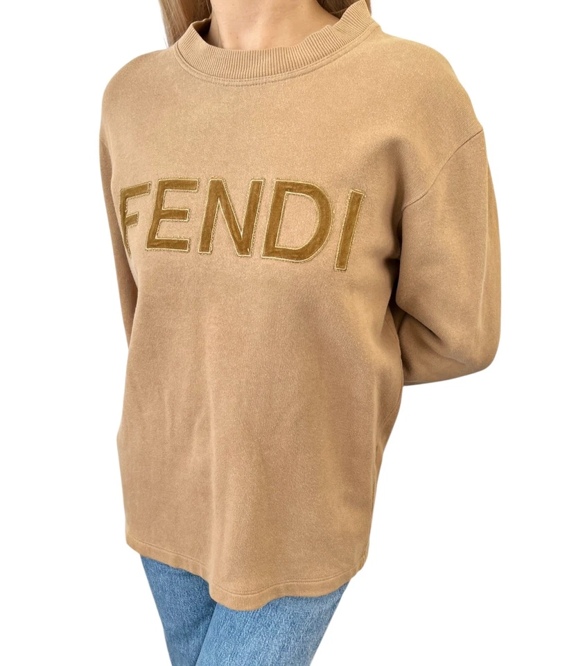FENDI Vintage Big Logo Sweatshirt Top #38 Brown Cotton Velvet Long Sleeve - Image 2 of 4