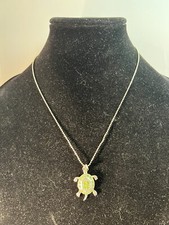 Beautiful Silver Tone Peridot Green Rhinestone Turtle Pendant Necklace