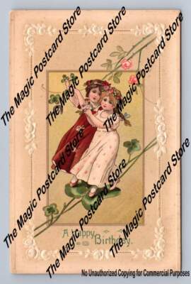Kids Walking on Giant Four Leaf Clover ~ Antique Fantasy Postcard 1912