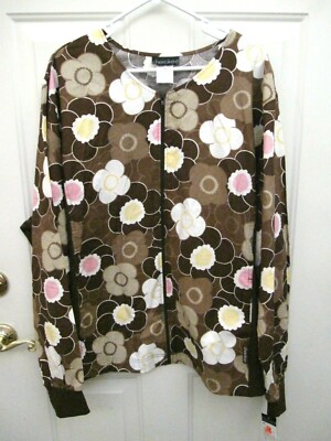 Cherokee Flexibles Women's Zip Front Warm-Up Jacket Floral Brown 5XL New