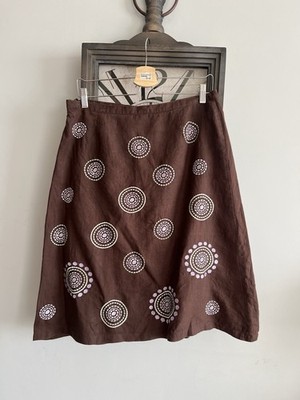 BCasual Brown Linen Skirt   Size 14   Embroidered Circle Pattern   Boho Style