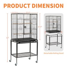 53" Flight Bird Cage, Rolling Stand, 24x16x28in, Iron, for Parrots/Parakeets