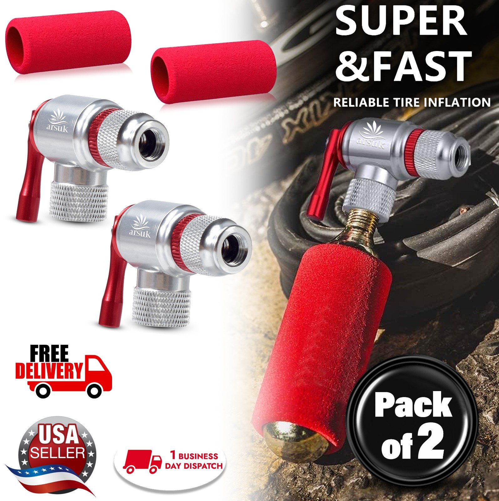 (New) ARSUK CO2 Bike Tire Inflator Presta Schrader Valve Mini Pump + Foam Sleeve 2pc (23.39 USD)
