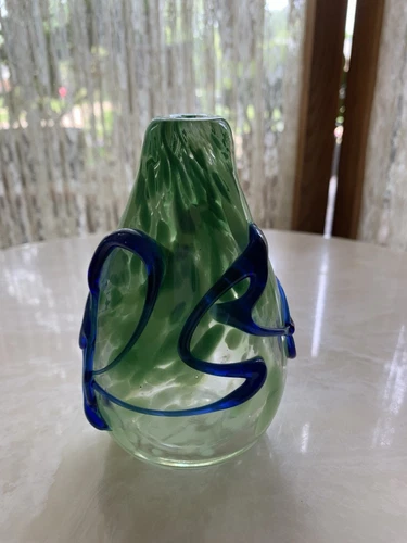 Murano Style Hand Blown Art Glass Vase Applied Blue Glass Accents 5”