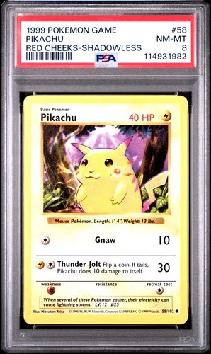 Pikachu 058/102 PSA 8 Red Cheeks Base Set Shadowless BSS English Pokemon TCG CCG