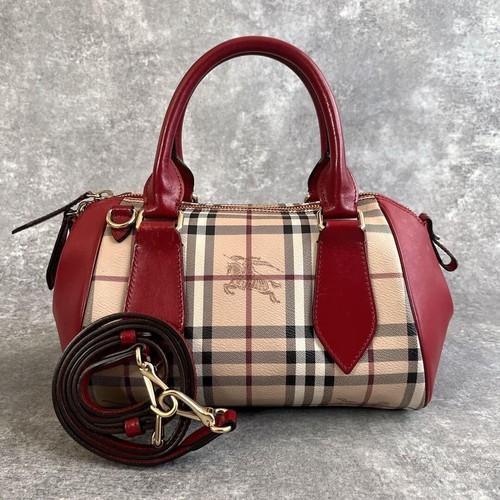 Burberry 2Way Mini Boston Shoulder Bag Purse Nova Check Beige Red Authentic