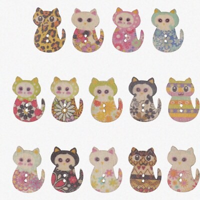 50 Multicolored Wooden Cat Buttons for DIY Projects