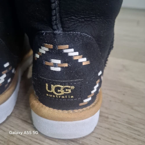 Stivali Ugg classici neri rustici tessuto azteco scamosciato lana foderata donna taglia UK 5 5