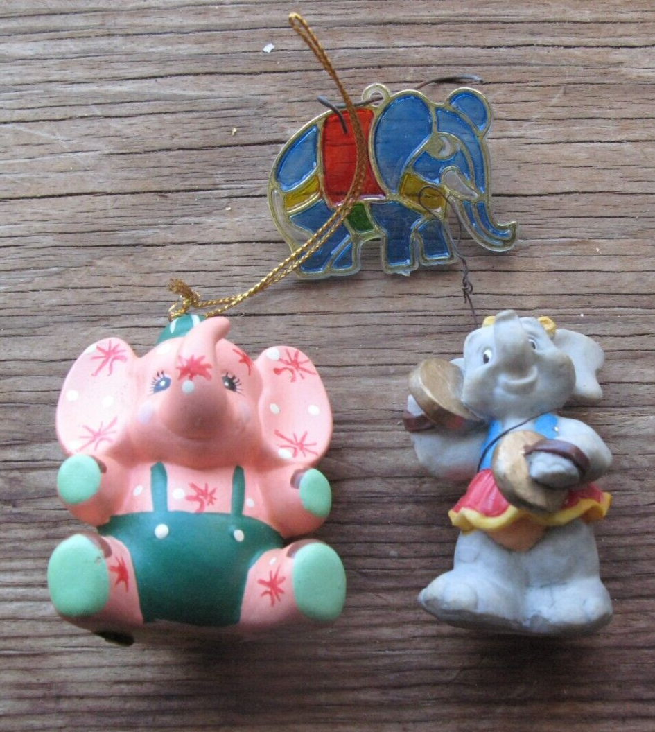 3 Vintage Miniatures Elephant Christmas Ornaments Enesco 2" Stained