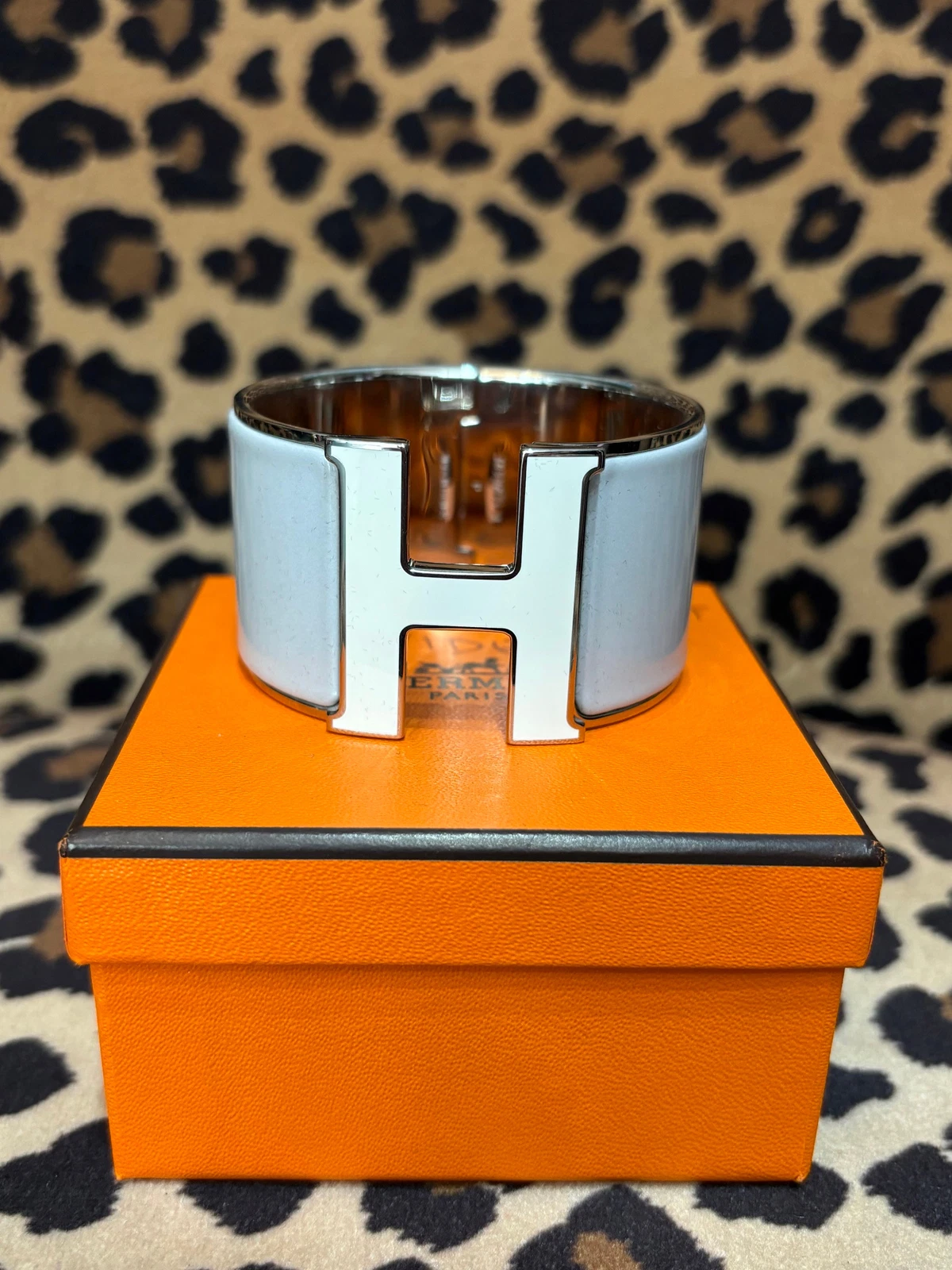 HERMÈS NUOVO Bracciale Hermes Extra Largo Clic Clac H Argento Grigio Smalto Bianco