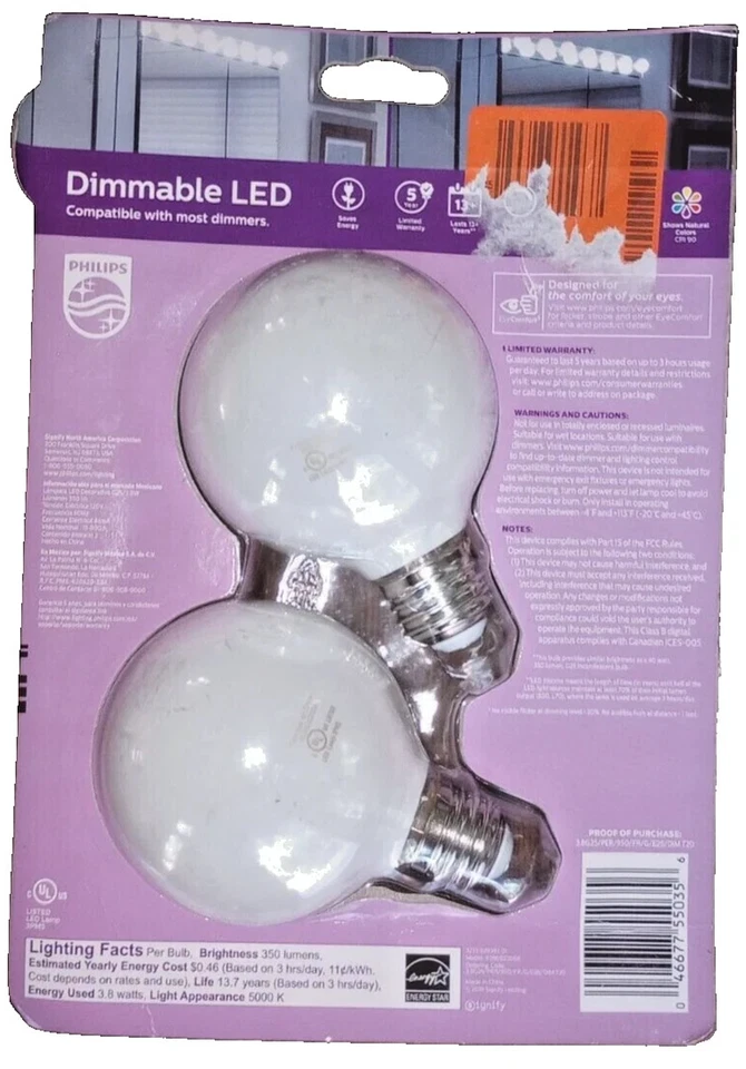 2 Pack Philips G25 Medium Base E26 Dimmable LED Decorative Light Bulbs - RETAIL - Image 2 of 3