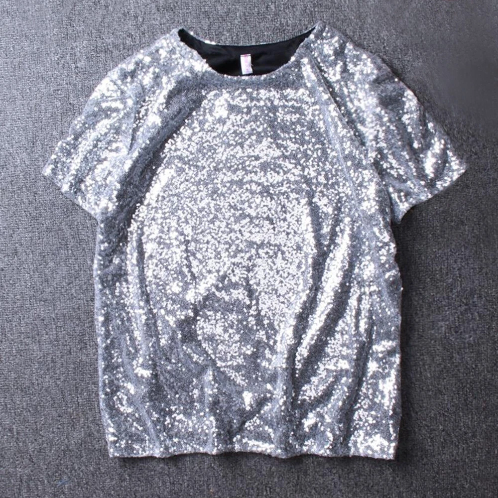 Men Short Sleeve Sequin T-shirt Shiny Stage Performance Top Tee Shirt Party  Soft