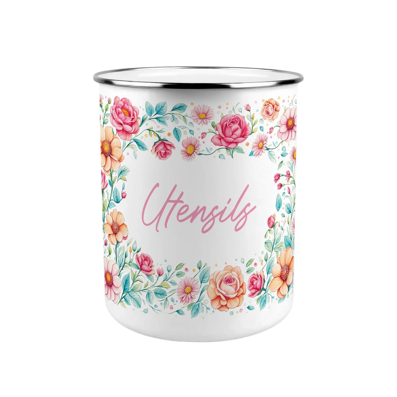 Pink Roses Utensil Pot - Enamel XL Kitchen Utensil Organiser Decor Gift