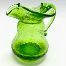 Handmade Green Crackle Glass Pitcher with Curved Handle