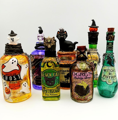 Halloween Apothecary Potion bottles, Unique Hand Made party decor