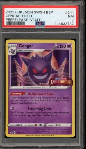 Pokemon Gengar Lost Origin STAFF Prerelease Holo Promo SWSH241 PSA 7