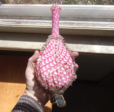 1870s CRANBERRY SWIRL NAILSEA BLOWN CASED GLASS BELLOWS BOTTLE APPLIED RIGAREE
