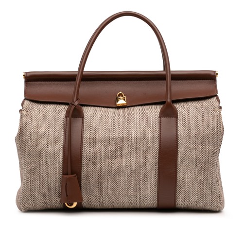 Loro Piana Toile Herringbone and Leather Loom L32 Pre-Loved Tote Bag Beige