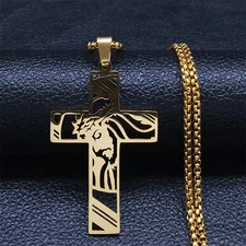 Men Stainless Steel Cross & Jesus Pendant Gold or Silver Chain Necklace 102I
