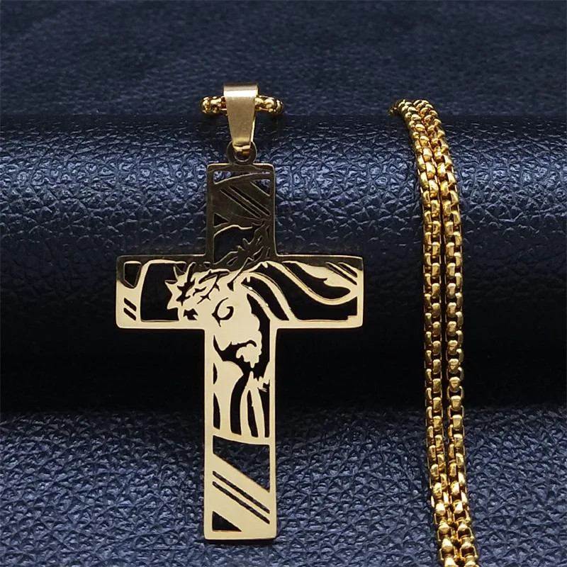 Men Stainless Steel Cross & Jesus Pendant Gold or Silver Chain Necklace 102I