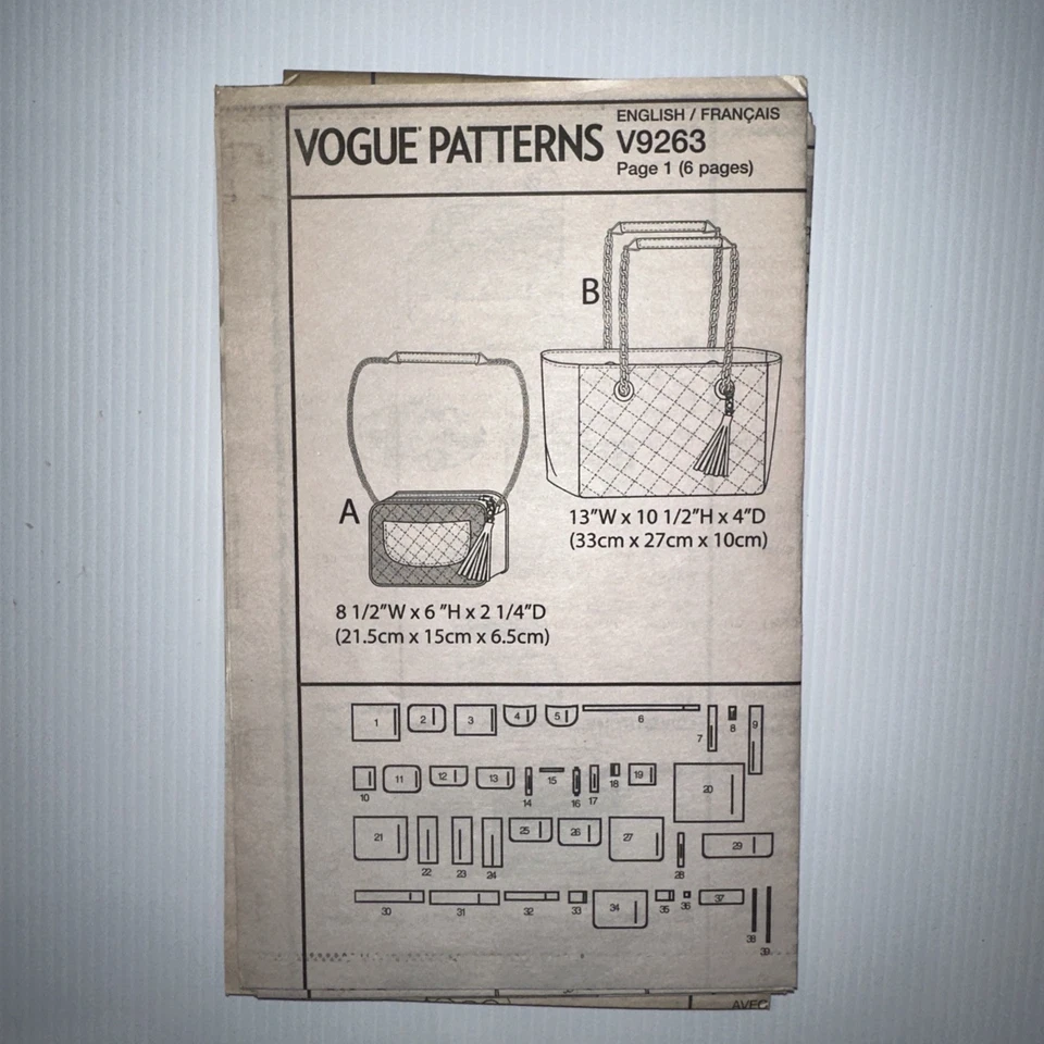 Vogue 9263 V9263 Kathryn Brenne Bag Handbag Sewing Pattern 1 Size Contrast Quilt - Image 3 of 4