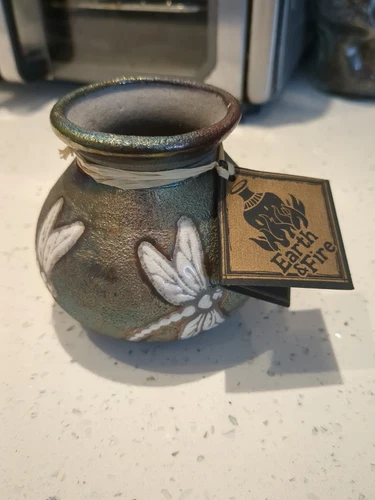 Raku Art Pottery Signed Jeremy Diller Dragonfly Beautiful green glazing Nwt 3"