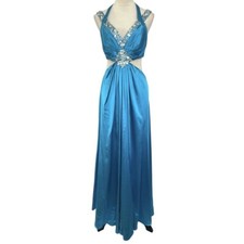 Halter Maxi Dress Formal Gown Rhinestone Cutout Evening Party Blue Womens 8