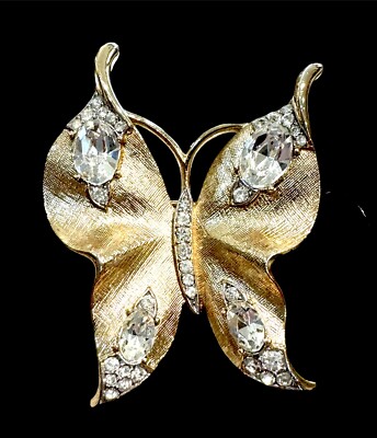 NWT 60'S CROWN TRIFARI GOLD-PLATED CRYSTAL RHINESTONE MEDIUM SZ BUTTERFLY BROOCH