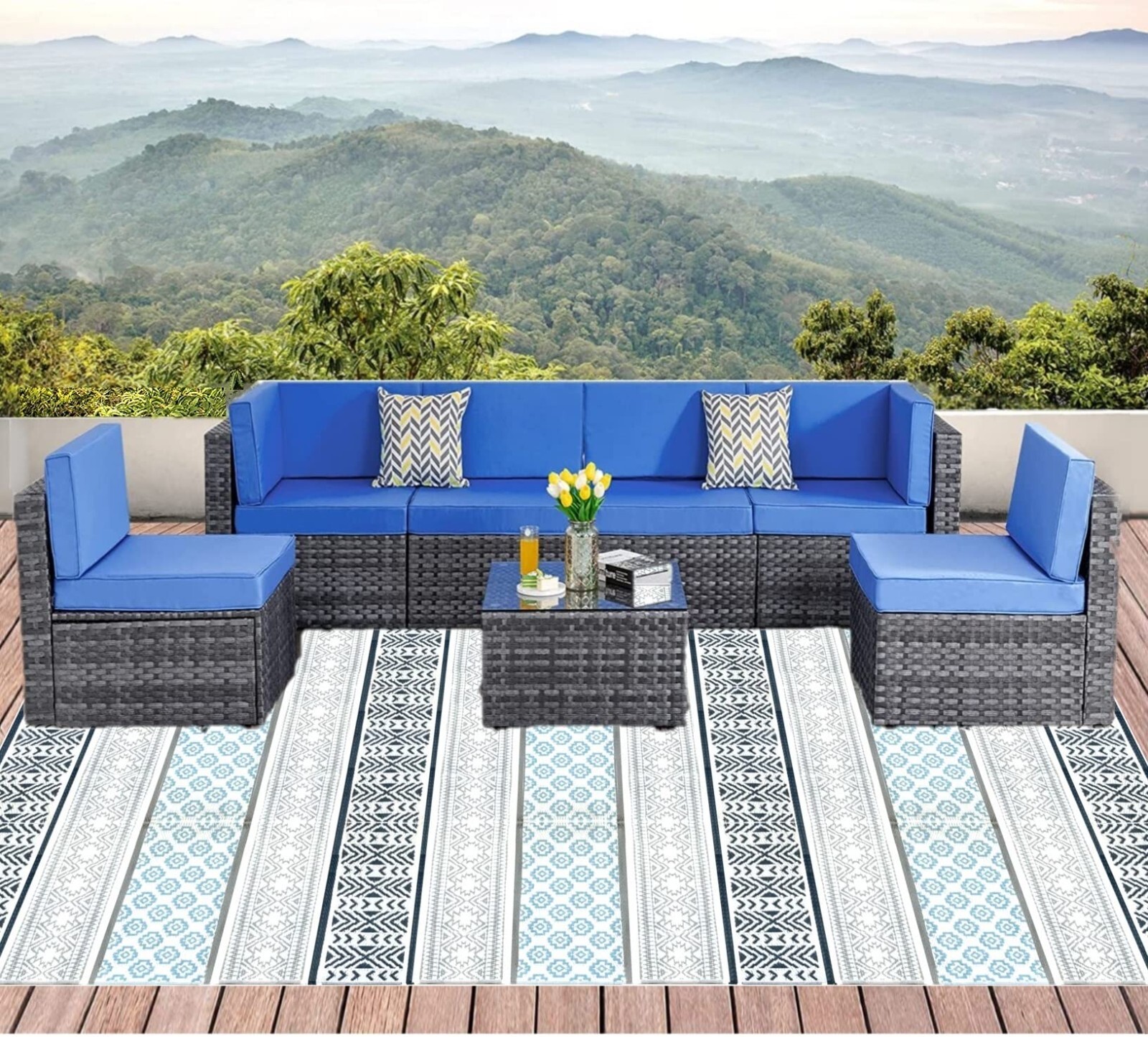 Outdoor rug 2PK 4X6 Outdoor Patio Rug, Rv Camping mat Grey,Teal display Used eBay