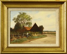 Oil on board by Derek Harris. Titled "Fence repairs, Essex farm"