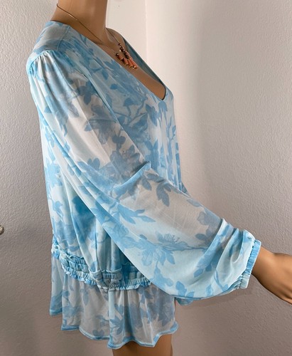 INC Top Blouse Plus Size 3X Floral Printed Mesh Peplum Top Blue Women's - Picture 5 of 9