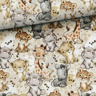 Stoff Sweat French Terry Sommersweat Baby Tiere Safari Afrika beige 165cm breit