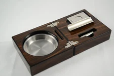 Folding Polished Walnut Portable Travel Cigar Ashtray Kit w/Guillotine & Punch