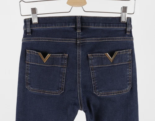 Valentino Size US25 160/62A VGOLD Logo Pockets Navy Blue Cotton Skinny Jeans