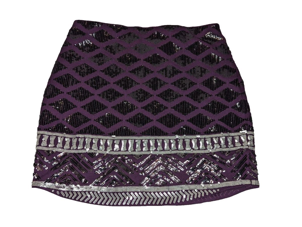Express Womens Sequin Mini Skirt Purple Metallic Stretchy Body Con