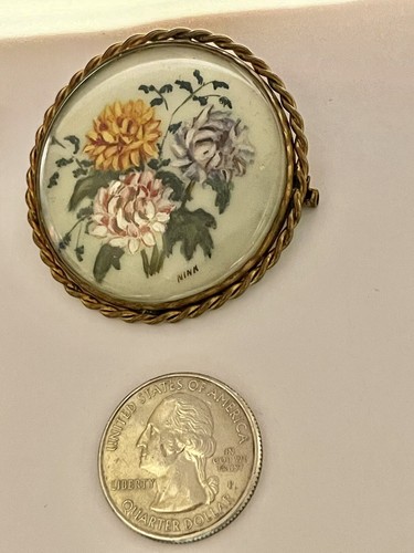 Antique Art Nouveau Hand Painted Colorful Flowers Bouquet Brooch Signed