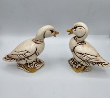 Vintage Ceramic Duck Figurines Set Of Two 6.5" Height Cream Brown Yellow Speckle