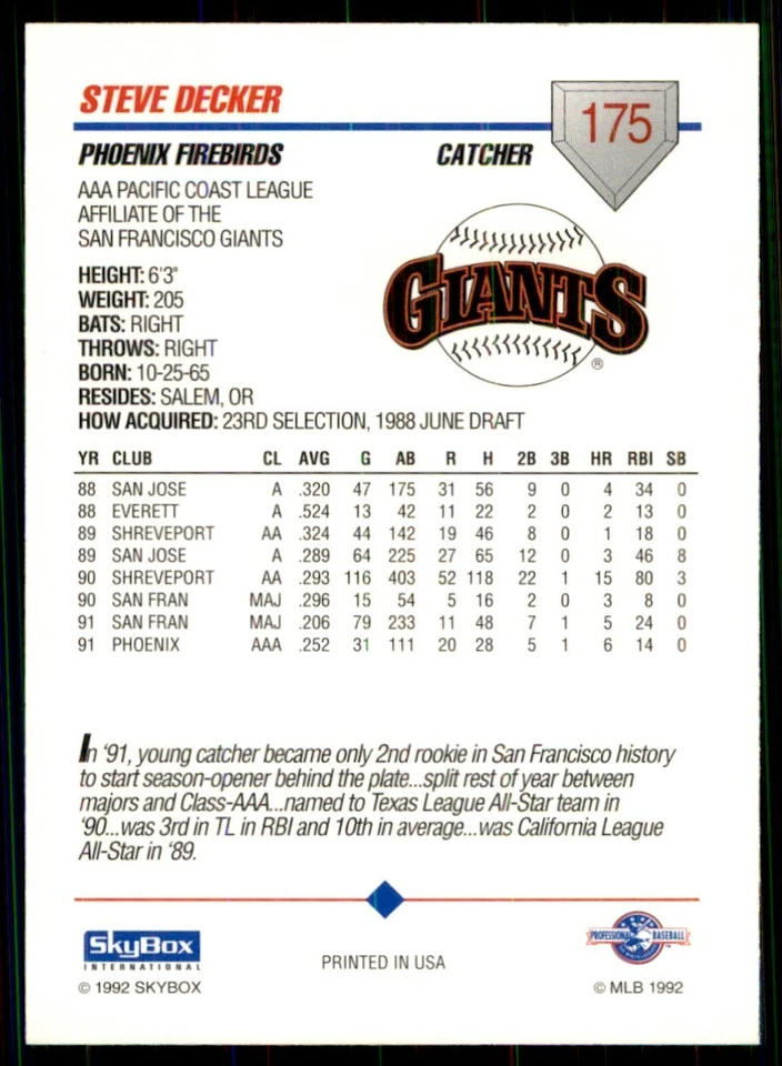 1992 SkyBox AAA Steve Decker Phoenix Firebirds #175 - Image 2 of 2